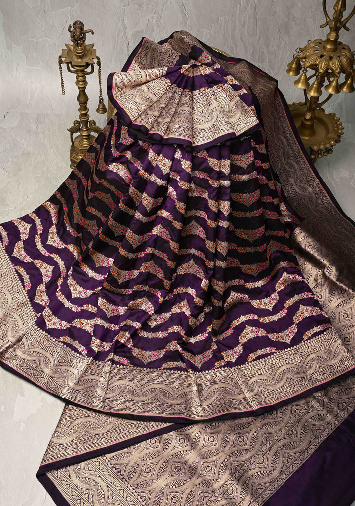 Plum  Exquisite Banarasi Silk Saree with Meenakari Leheria Jaal with Scallop Zari border | SILK MARK CERTIFIED (Copy)