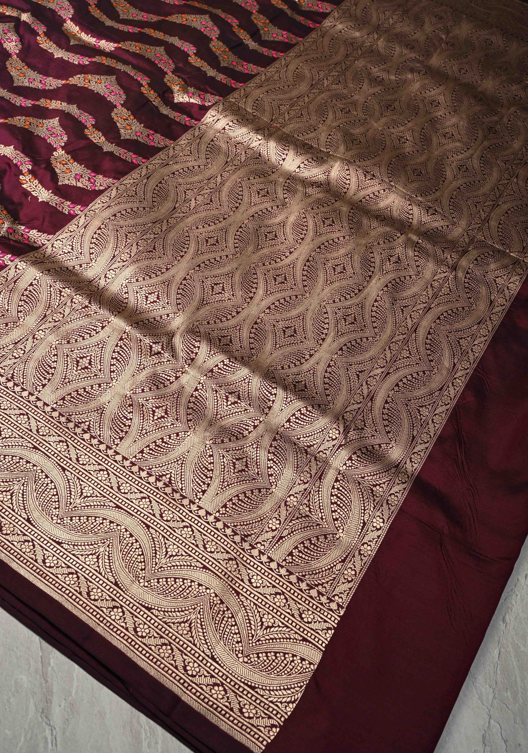 Plum  Exquisite Banarasi Silk Saree with Meenakari Leheria Jaal with Scallop Zari border | SILK MARK CERTIFIED