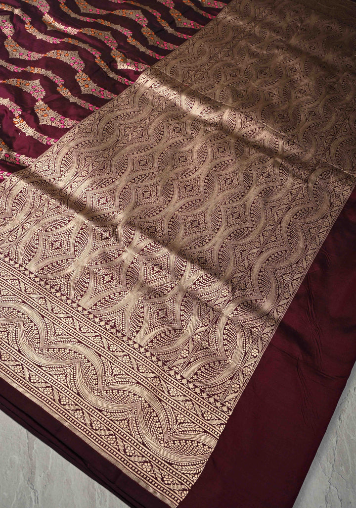 Plum  Exquisite Banarasi Silk Saree with Meenakari Leheria Jaal with Scallop Zari border | SILK MARK CERTIFIED