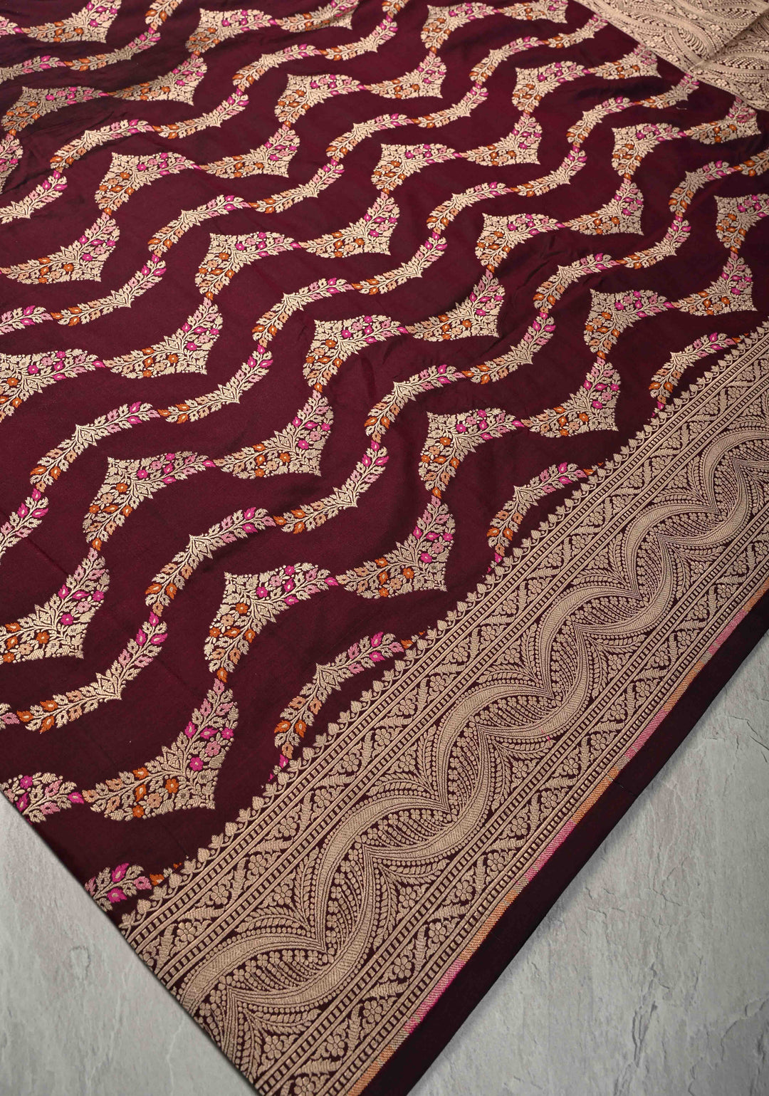 Plum  Exquisite Banarasi Silk Saree with Meenakari Leheria Jaal with Scallop Zari border | SILK MARK CERTIFIED