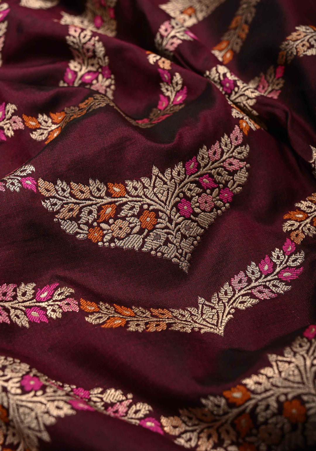 Plum  Exquisite Banarasi Silk Saree with Meenakari Leheria Jaal with Scallop Zari border | SILK MARK CERTIFIED