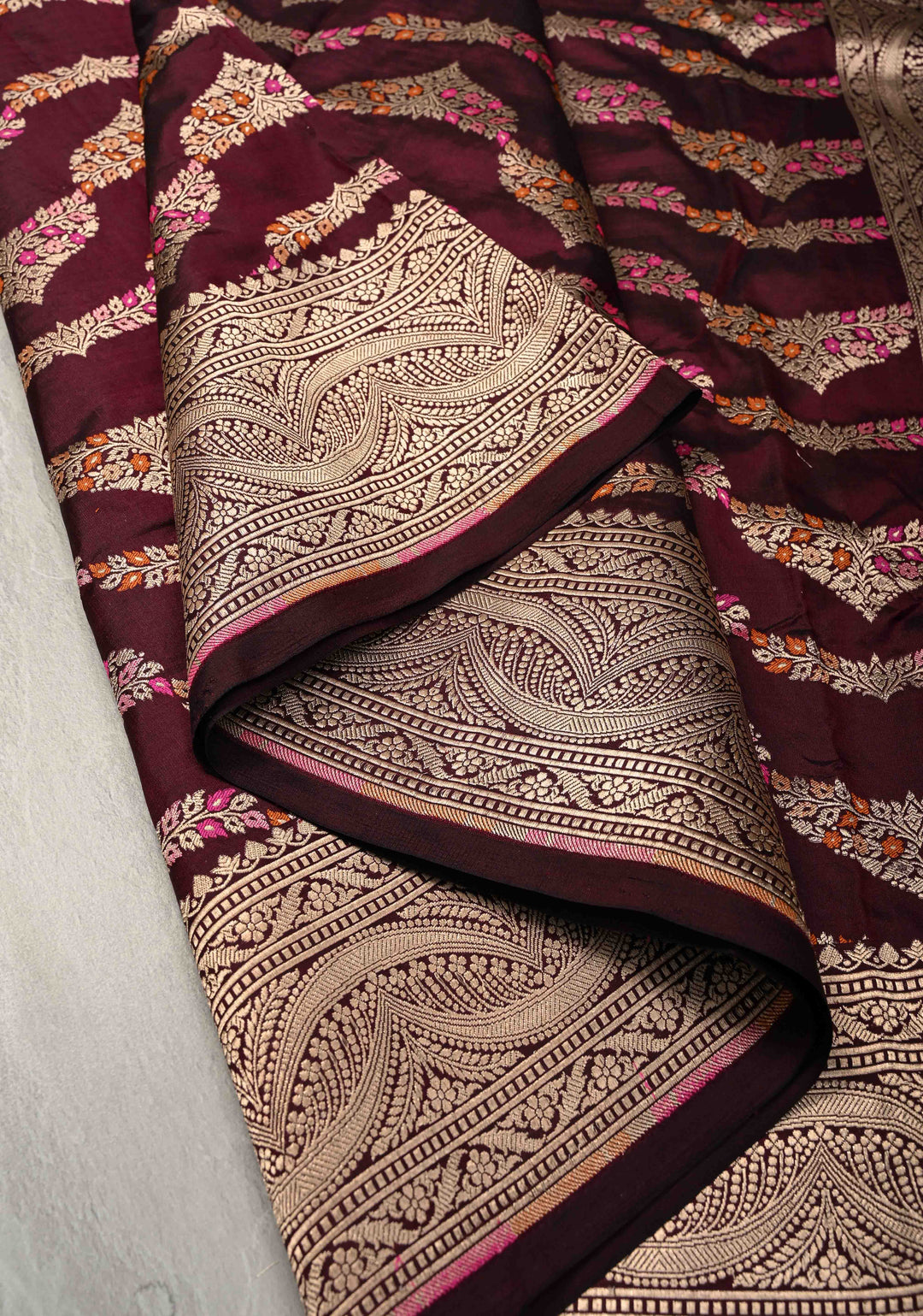 Plum  Exquisite Banarasi Silk Saree with Meenakari Leheria Jaal with Scallop Zari border | SILK MARK CERTIFIED