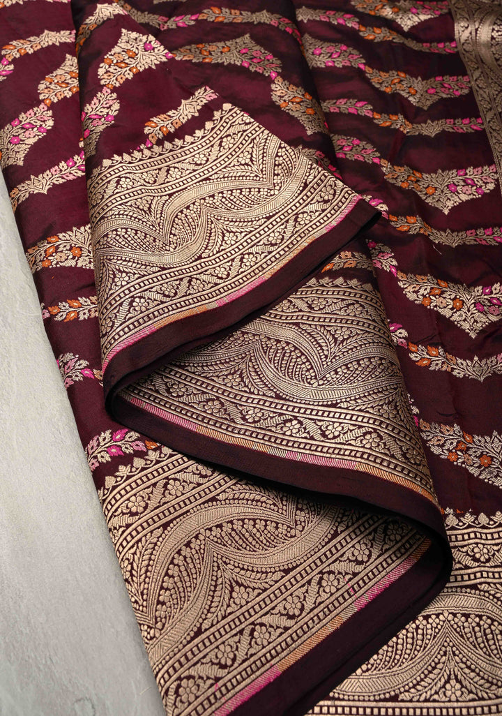 Plum  Exquisite Banarasi Silk Saree with Meenakari Leheria Jaal with Scallop Zari border | SILK MARK CERTIFIED