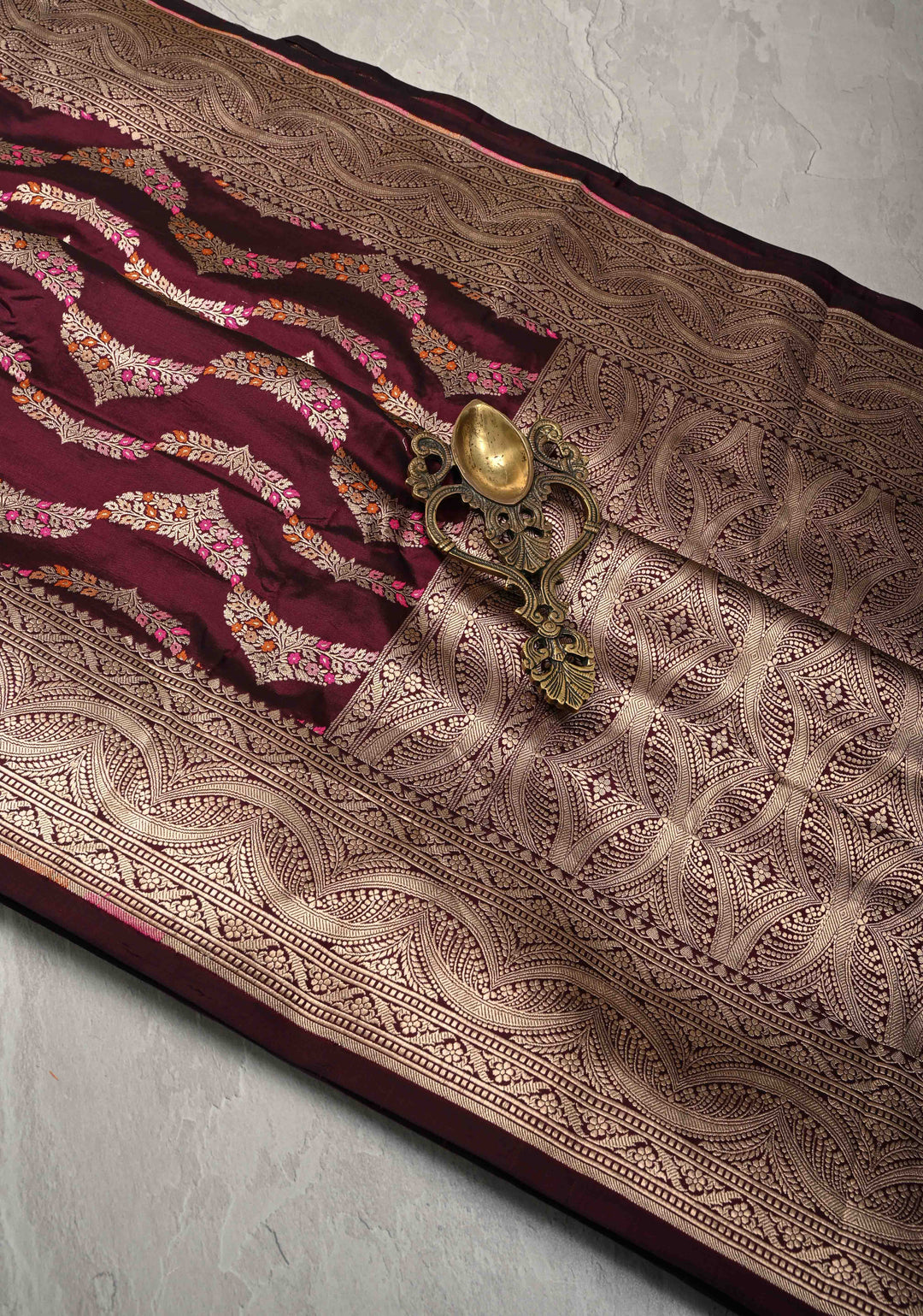 Plum  Exquisite Banarasi Silk Saree with Meenakari Leheria Jaal with Scallop Zari border | SILK MARK CERTIFIED
