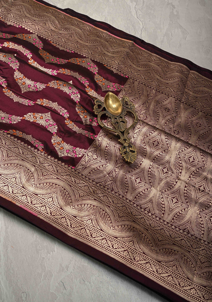 Plum  Exquisite Banarasi Silk Saree with Meenakari Leheria Jaal with Scallop Zari border | SILK MARK CERTIFIED