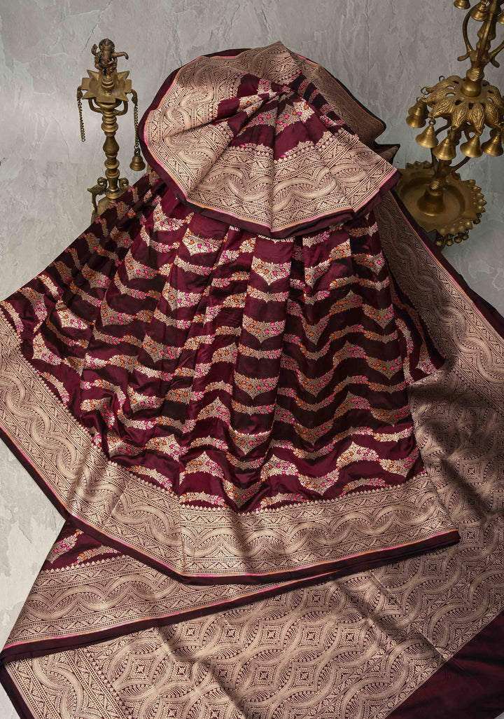 Plum  Exquisite Banarasi Silk Saree with Meenakari Leheria Jaal with Scallop Zari border | SILK MARK CERTIFIED