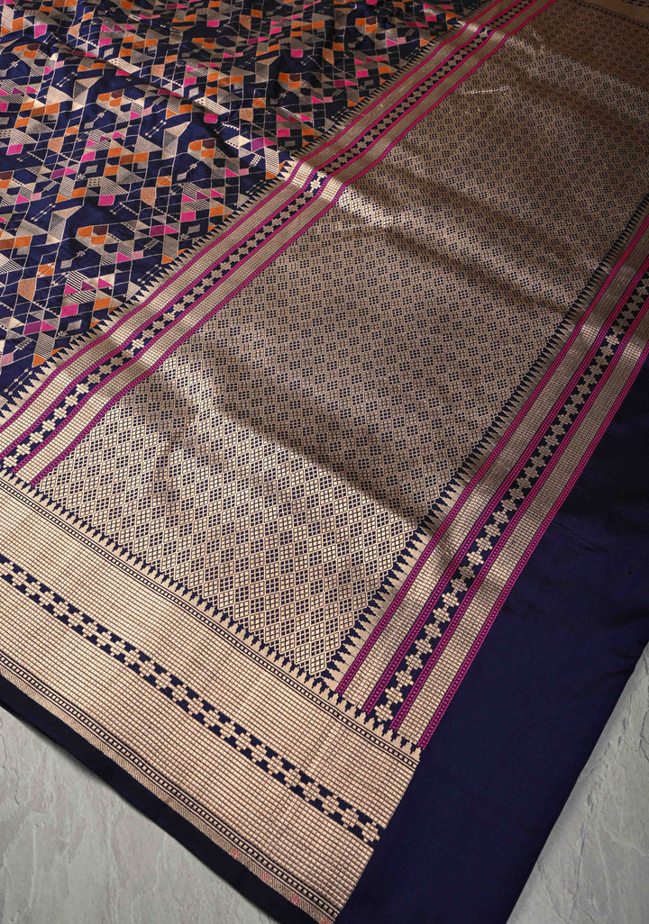Midnight Navy Blue  Banarasi Meenakari Geometric Brocade Katan Silk Saree with Zari Border | SILK MARK CERTIFIED