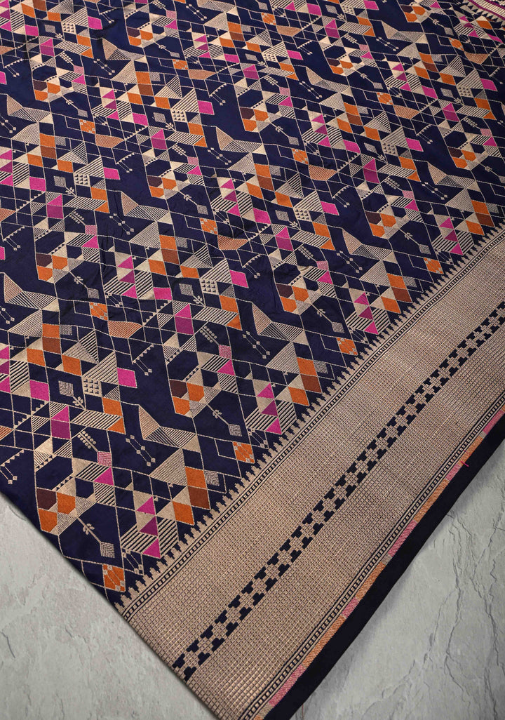 Midnight Navy Blue  Banarasi Meenakari Geometric Brocade Katan Silk Saree with Zari Border | SILK MARK CERTIFIED