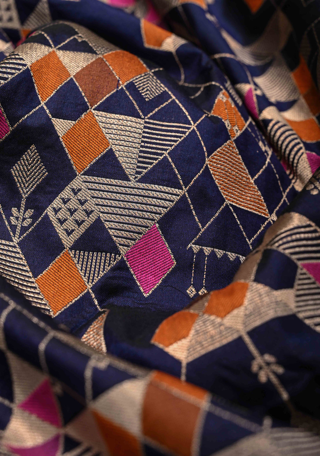 Midnight Navy Blue  Banarasi Meenakari Geometric Brocade Katan Silk Saree with Zari Border | SILK MARK CERTIFIED