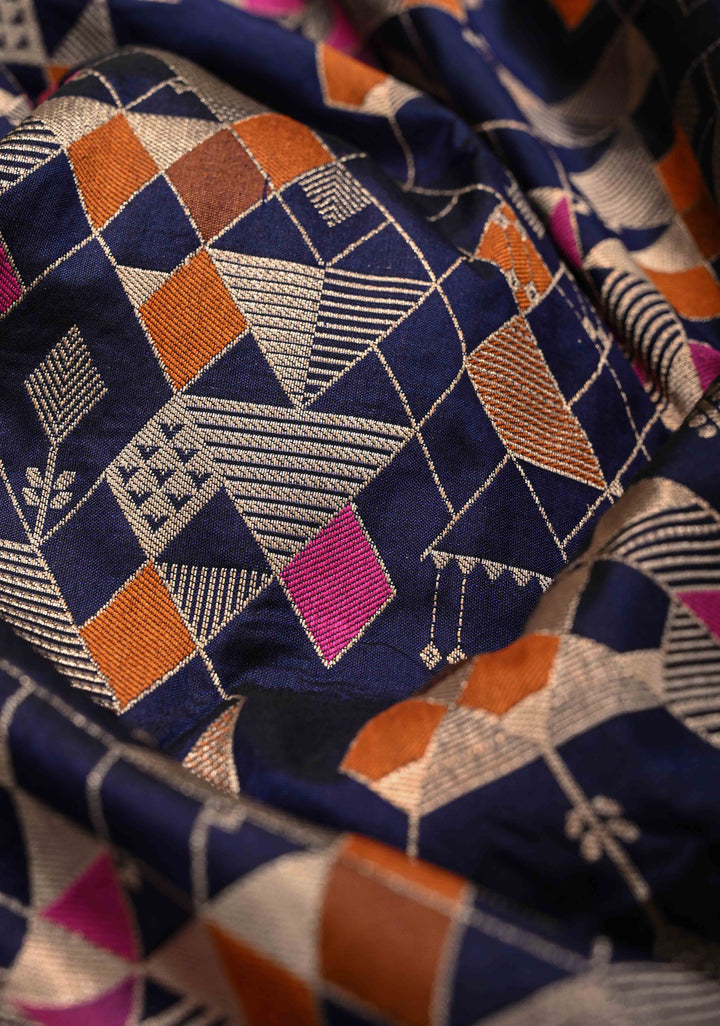 Midnight Navy Blue  Banarasi Meenakari Geometric Brocade Katan Silk Saree with Zari Border | SILK MARK CERTIFIED