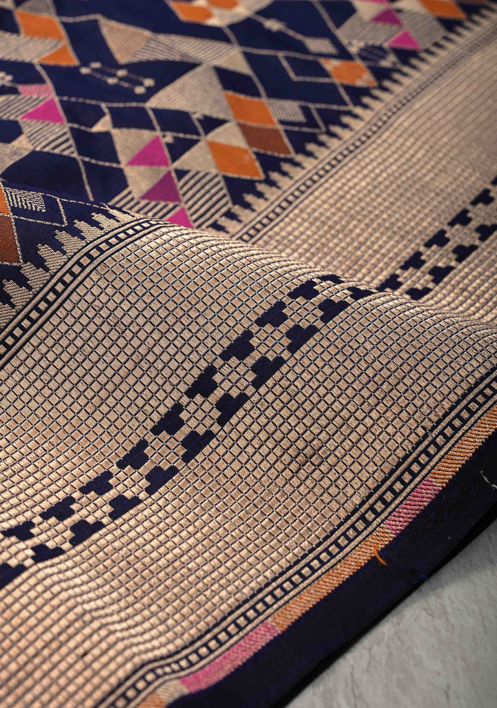 Midnight Navy Blue  Banarasi Meenakari Geometric Brocade Katan Silk Saree with Zari Border | SILK MARK CERTIFIED