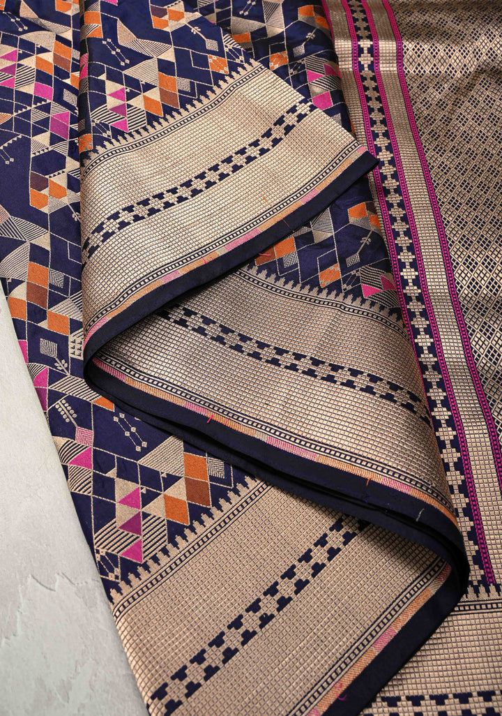 Midnight Navy Blue  Banarasi Meenakari Geometric Brocade Katan Silk Saree with Zari Border | SILK MARK CERTIFIED