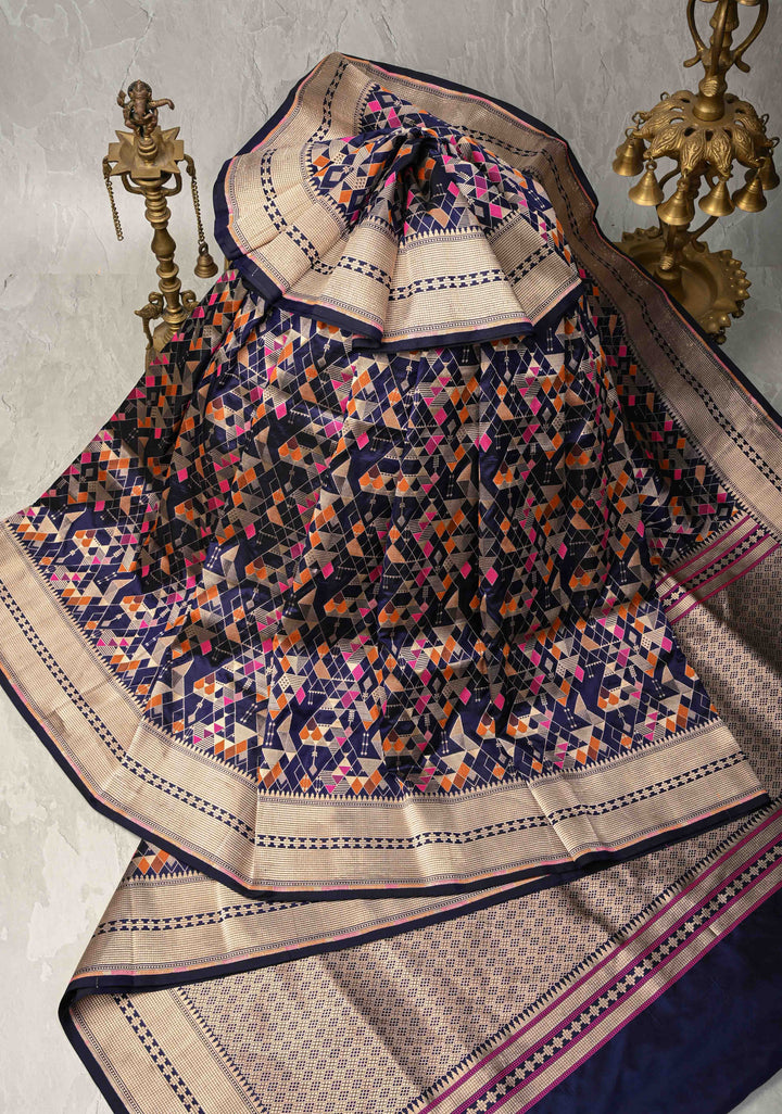 Midnight Navy Blue  Banarasi Meenakari Geometric Brocade Katan Silk Saree with Zari Border | SILK MARK CERTIFIED