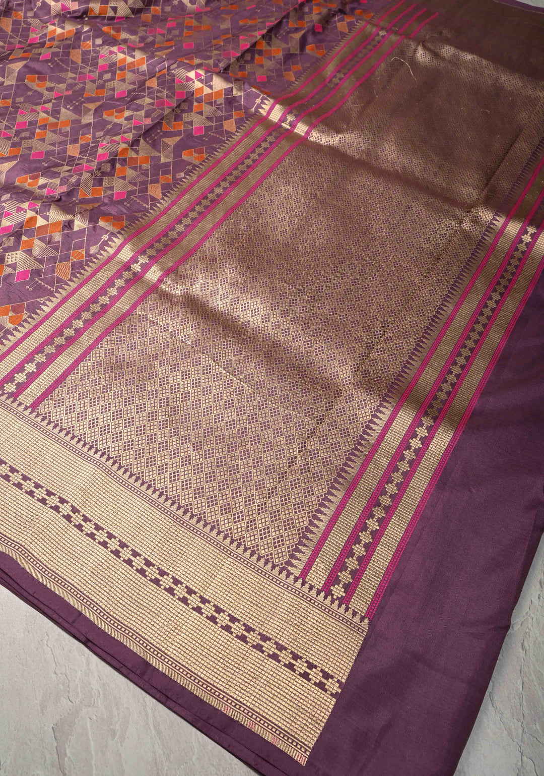 Mauve Taupe Banarasi Meenakari Geometric Brocade Katan Silk Saree with Zari Border | SILK MARK CERTIFIED