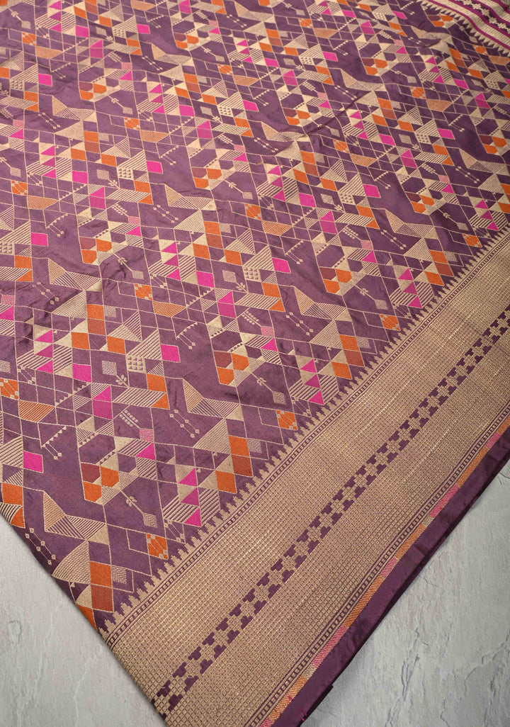 Mauve Taupe Banarasi Meenakari Geometric Brocade Katan Silk Saree with Zari Border | SILK MARK CERTIFIED