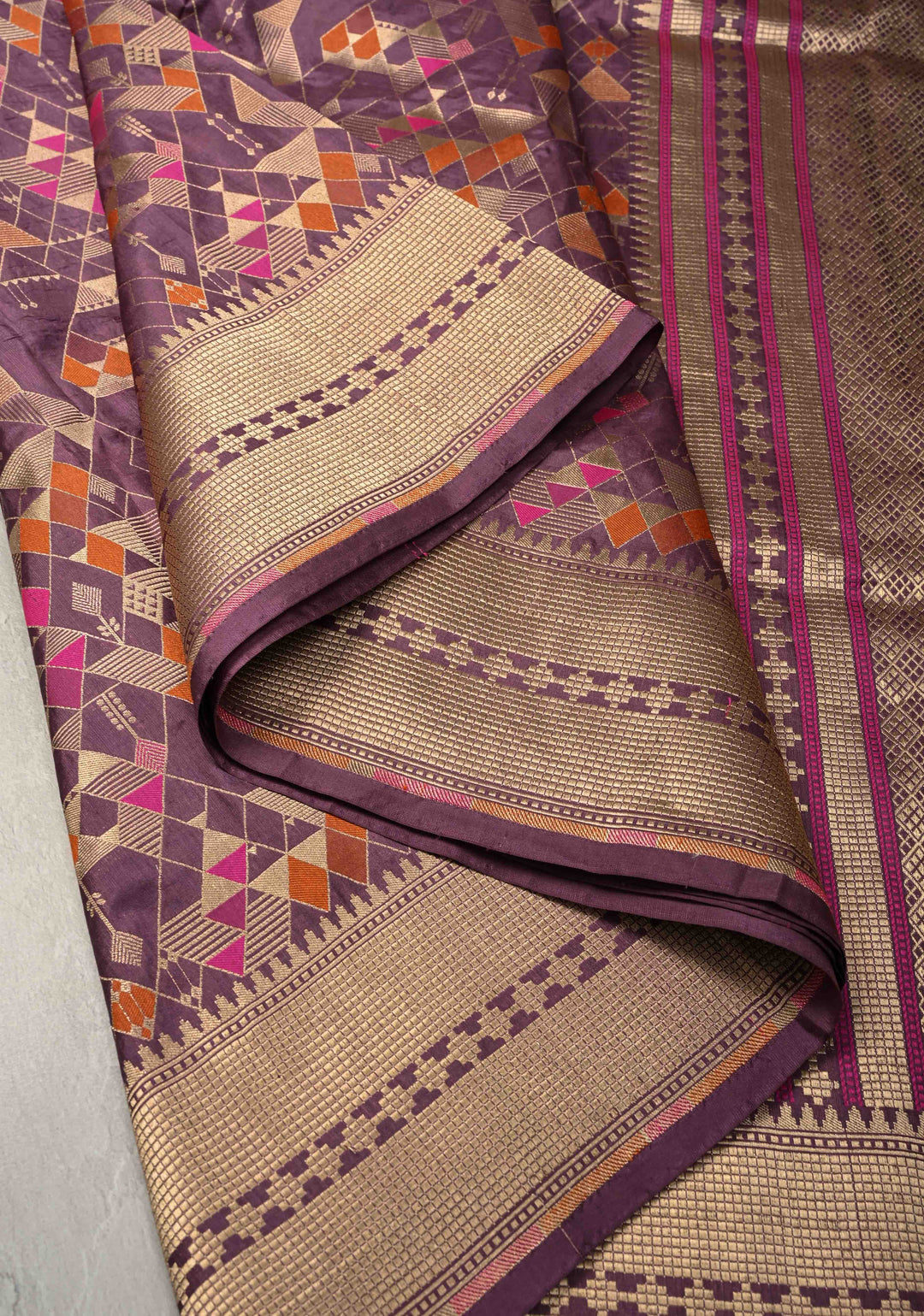 Mauve Taupe Banarasi Meenakari Geometric Brocade Katan Silk Saree with Zari Border | SILK MARK CERTIFIED