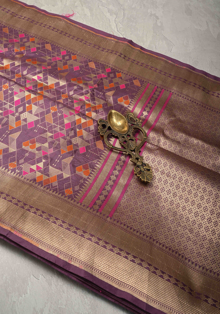 Mauve Taupe Banarasi Meenakari Geometric Brocade Katan Silk Saree with Zari Border | SILK MARK CERTIFIED