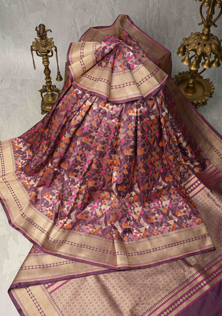 Mauve Taupe Banarasi Meenakari Geometric Brocade Katan Silk Saree with Zari Border | SILK MARK CERTIFIED