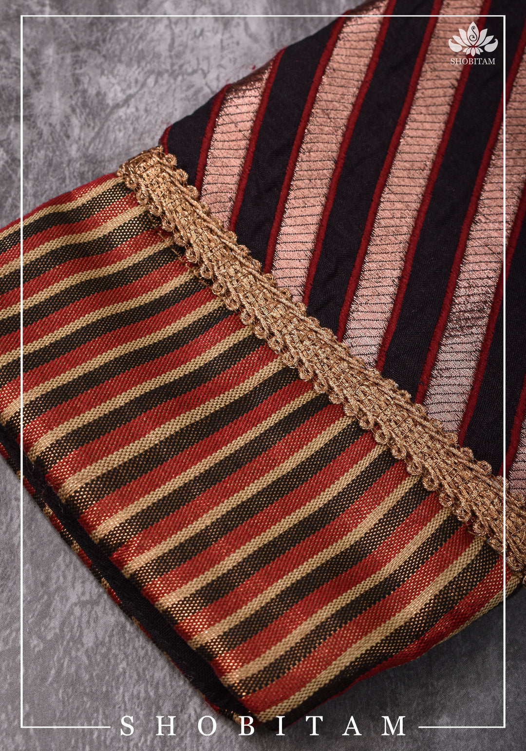 Size 34 Black, red and Copper striped brocade boatneck blouse | Shobitam Blouse