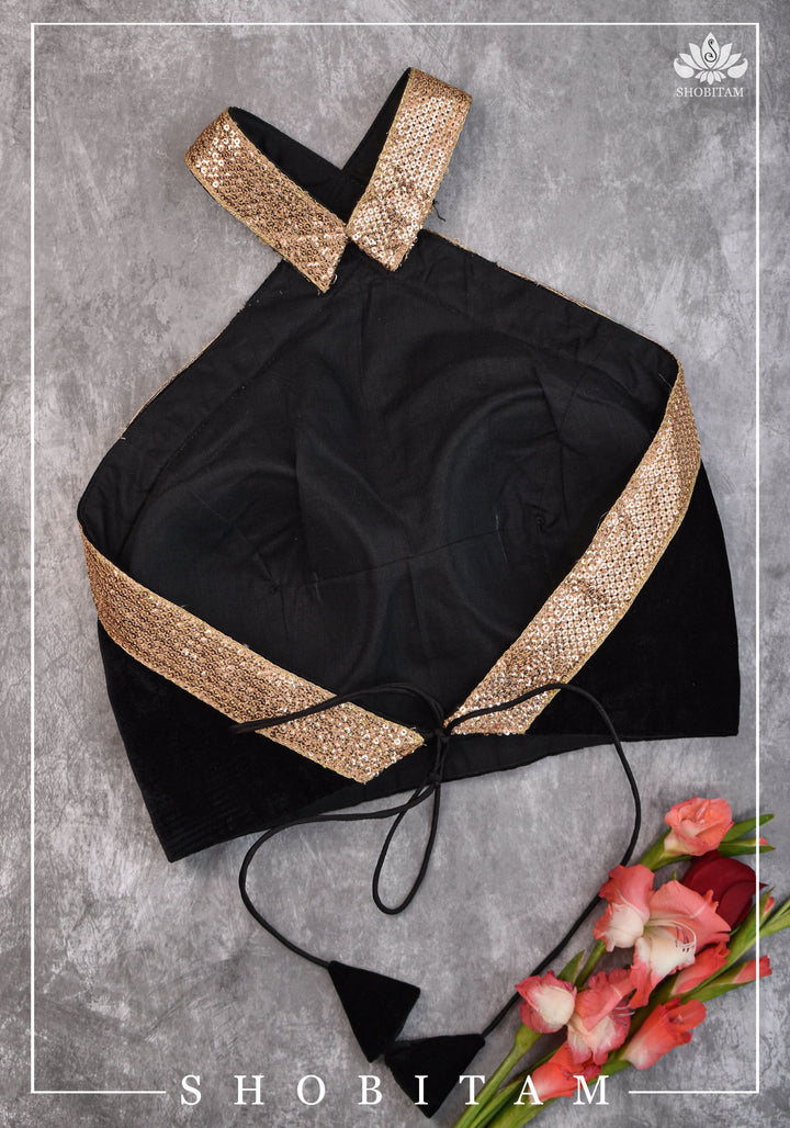 Black velvet halter neck blouse with sequin border | Shobitam Blouse