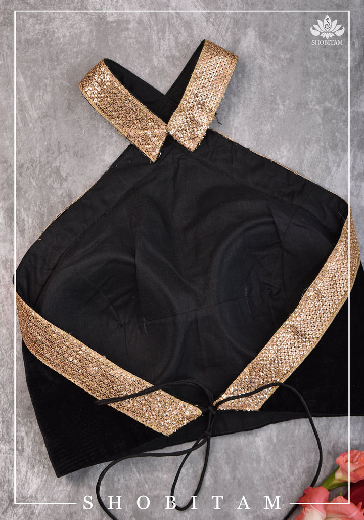 Black velvet halter neck blouse with sequin border | Shobitam Blouse