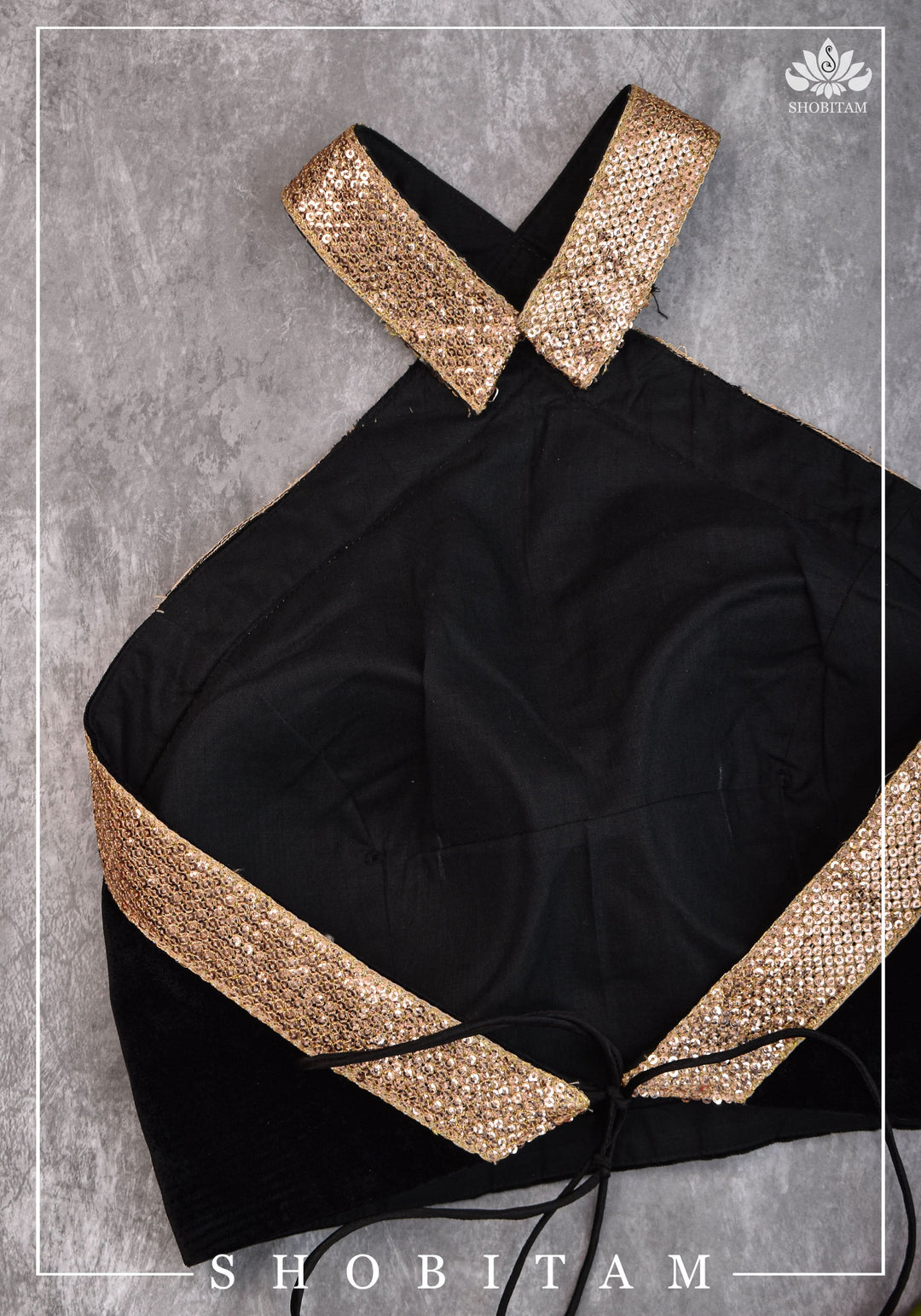 Black velvet halter neck blouse with sequin border | Shobitam Blouse