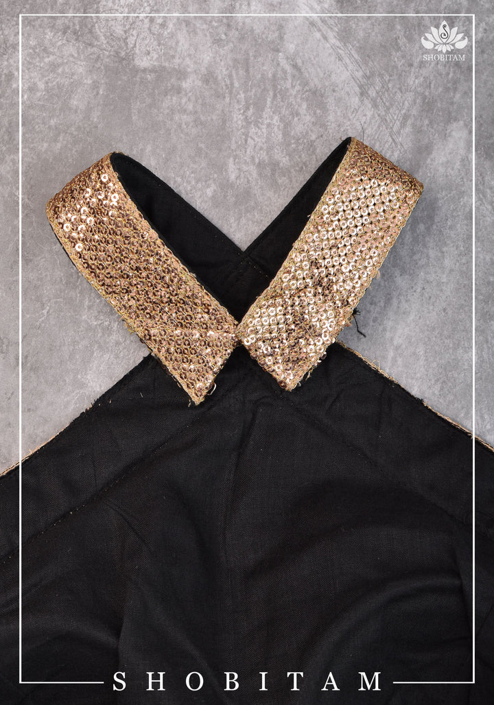 Black velvet halter neck blouse with sequin border | Shobitam Blouse