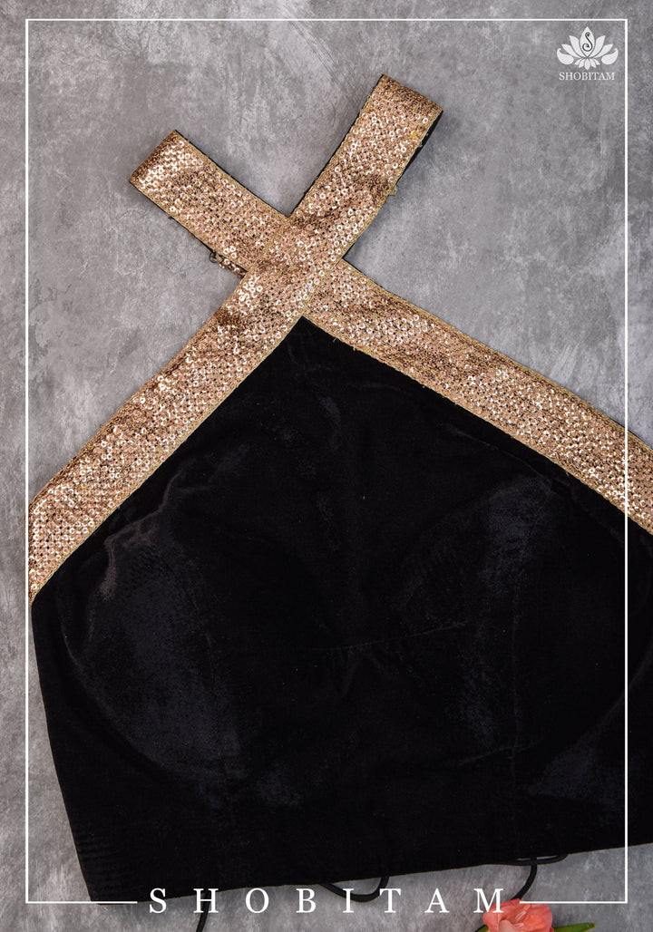 Black velvet halter neck blouse with sequin border | Shobitam Blouse
