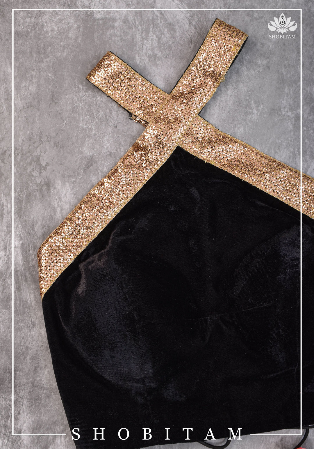 Black velvet halter neck blouse with sequin border | Shobitam Blouse