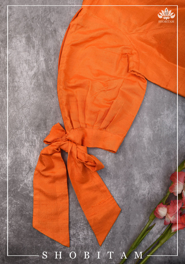 Size 34 Orange raw silk boat neck blouse with tie up sleeves | Shobitam Blouse