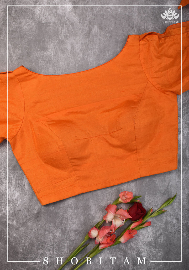 Size 34 Orange raw silk boat neck blouse with tie up sleeves | Shobitam Blouse