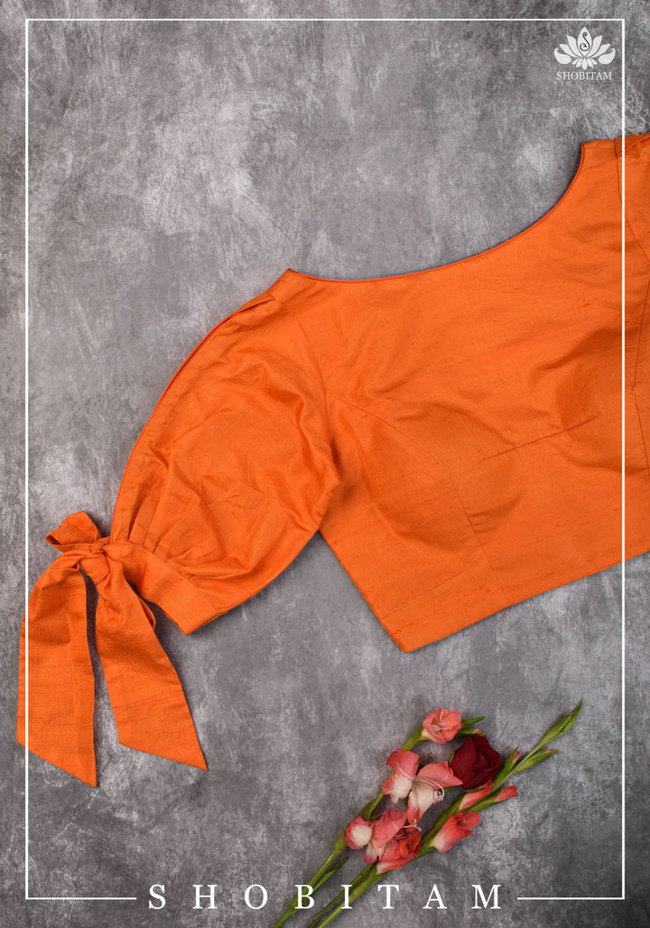 Size 34 Orange raw silk boat neck blouse with tie up sleeves | Shobitam Blouse