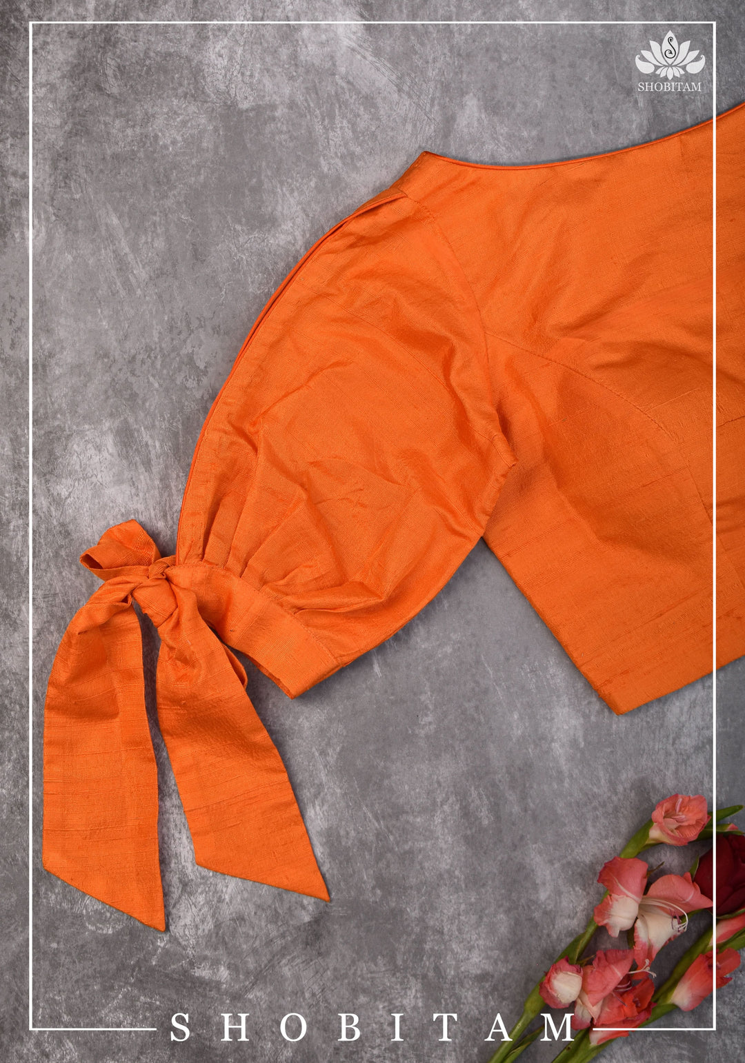 Size 34 Orange raw silk boat neck blouse with tie up sleeves | Shobitam Blouse