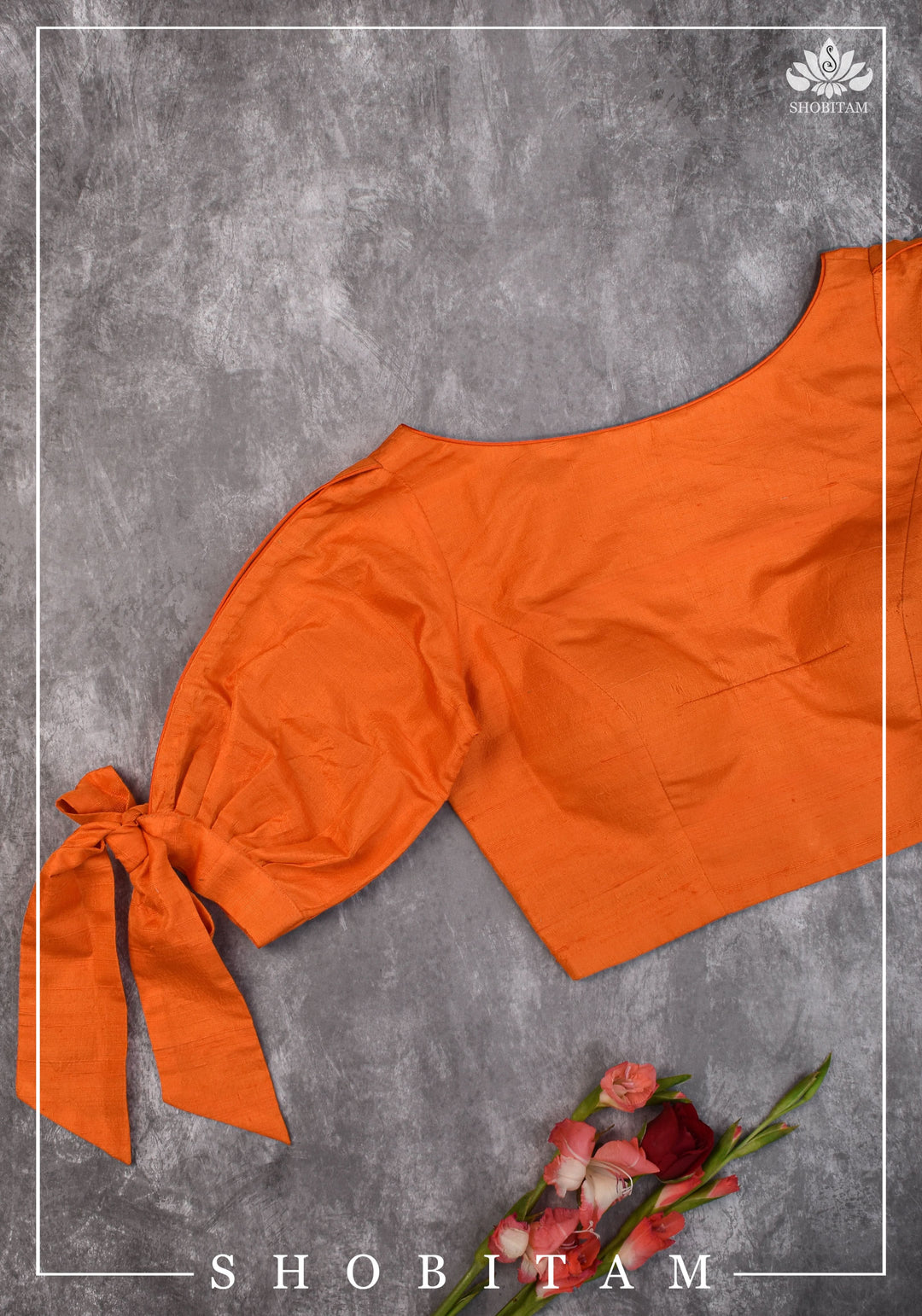 Size 34 Orange raw silk boat neck blouse with tie up sleeves | Shobitam Blouse