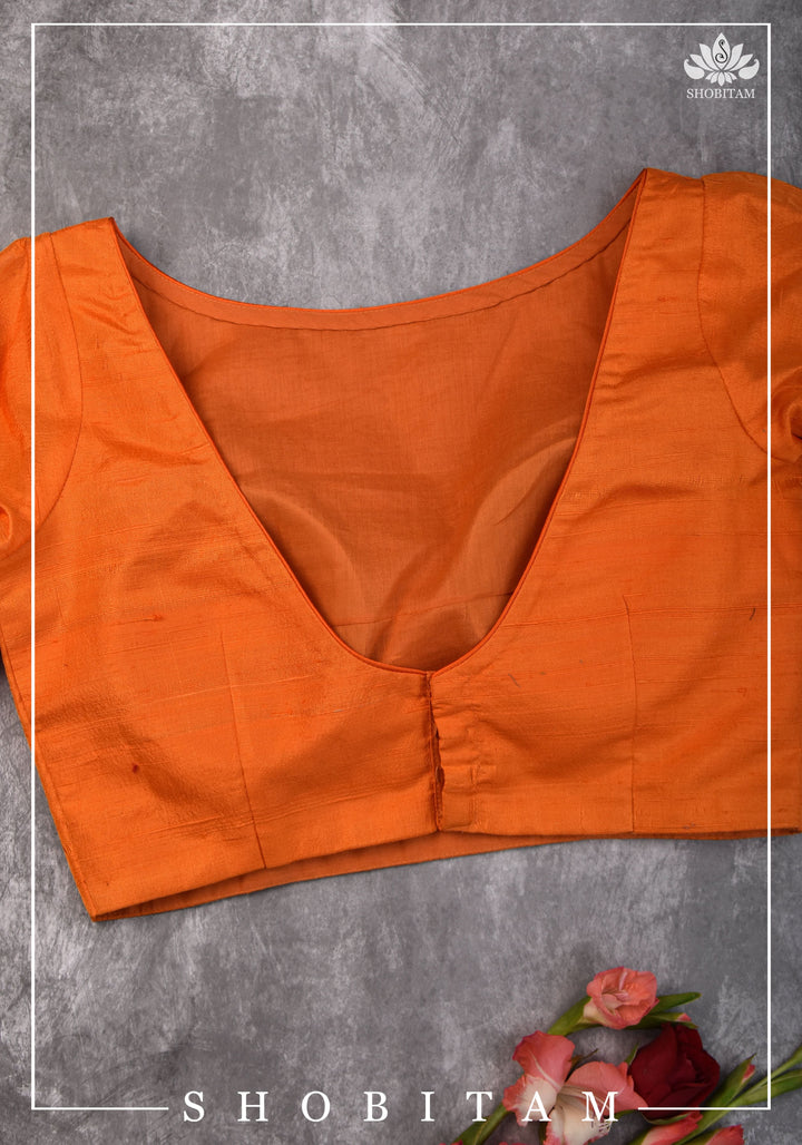 Size 34 Orange raw silk boat neck blouse with tie up sleeves | Shobitam Blouse