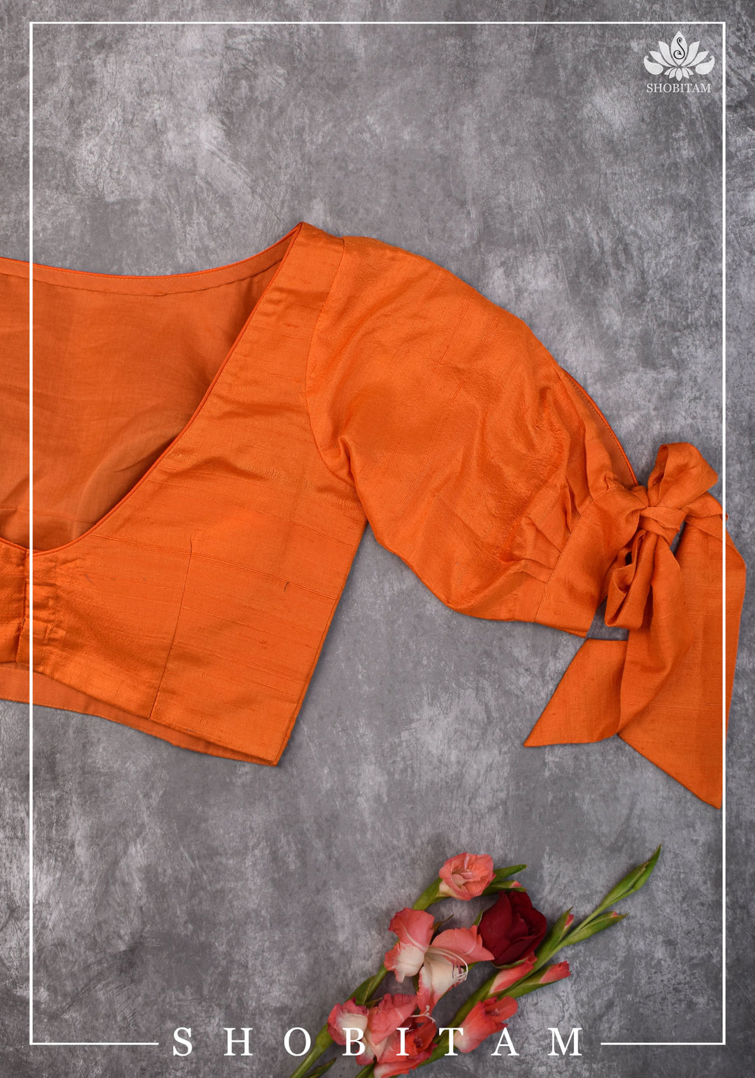 Size 34 Orange raw silk boat neck blouse with tie up sleeves | Shobitam Blouse