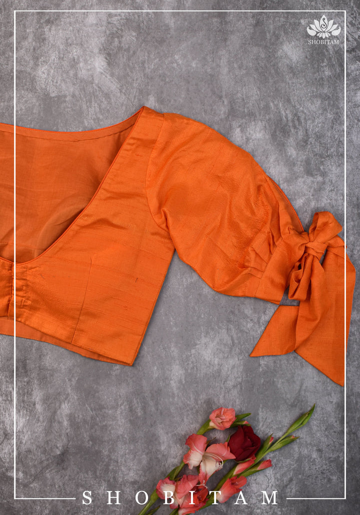 Size 34 Orange raw silk boat neck blouse with tie up sleeves | Shobitam Blouse
