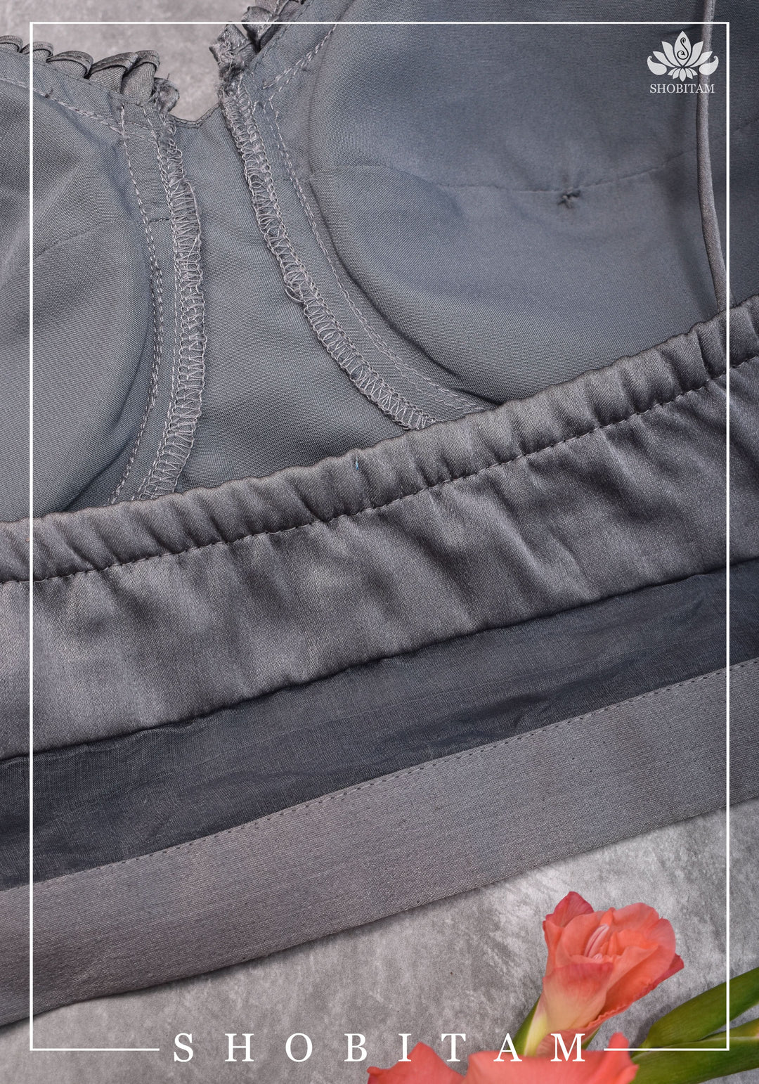 size 34 Silver-grey pure silk satin spaghetti-strap gathered bustier blouse | Shobitam Blouse