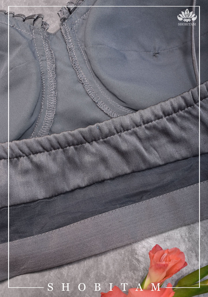 size 34 Silver-grey pure silk satin spaghetti-strap gathered bustier blouse | Shobitam Blouse