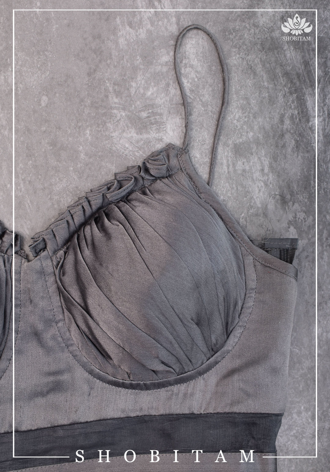 size 34 Silver-grey pure silk satin spaghetti-strap gathered bustier blouse | Shobitam Blouse