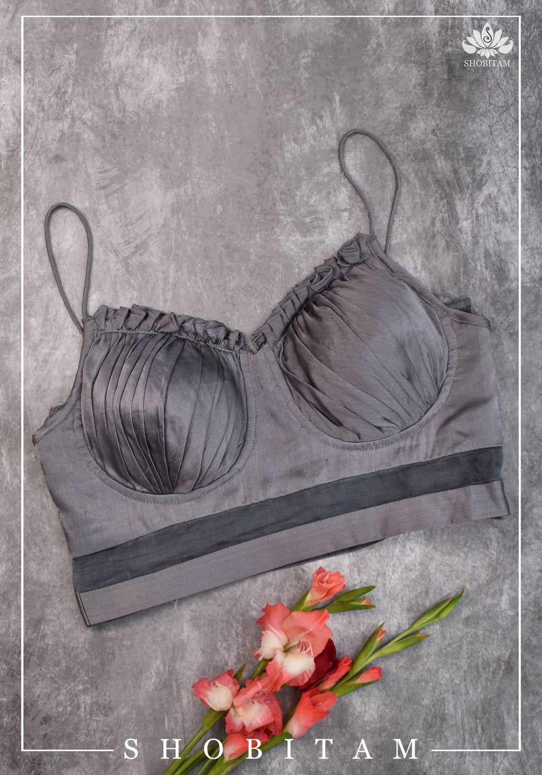 size 34 Silver-grey pure silk satin spaghetti-strap gathered bustier blouse | Shobitam Blouse