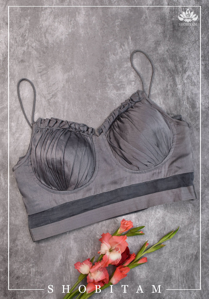 size 34 Silver-grey pure silk satin spaghetti-strap gathered bustier blouse | Shobitam Blouse