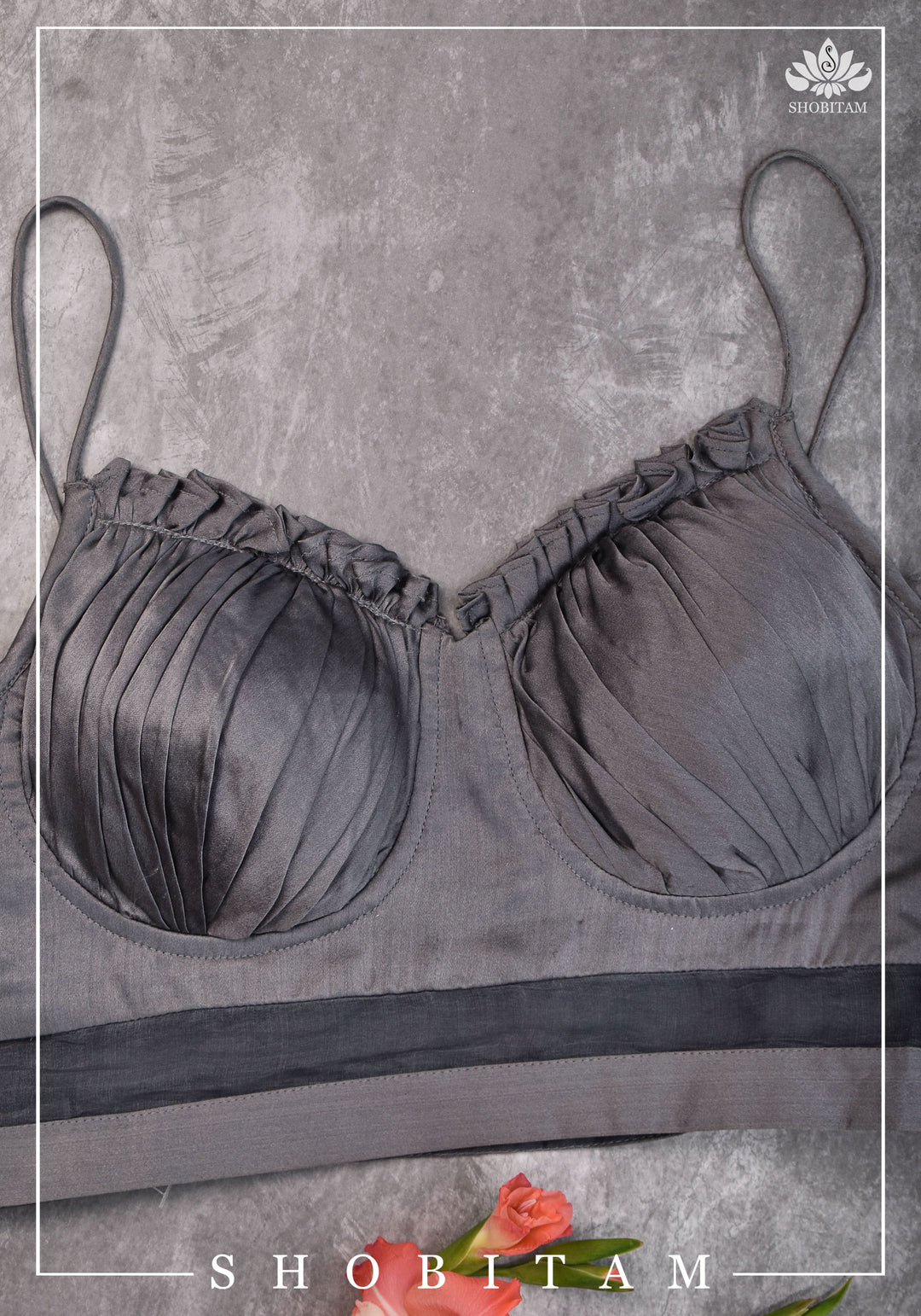 size 34 Silver-grey pure silk satin spaghetti-strap gathered bustier blouse | Shobitam Blouse