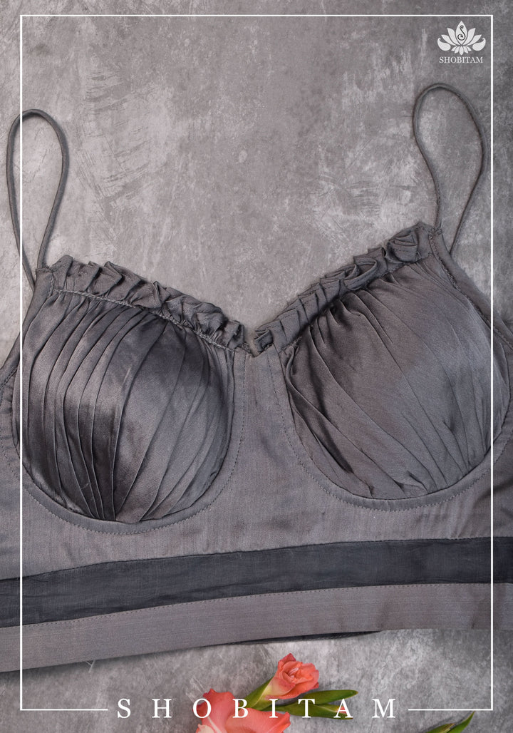 size 34 Silver-grey pure silk satin spaghetti-strap gathered bustier blouse | Shobitam Blouse