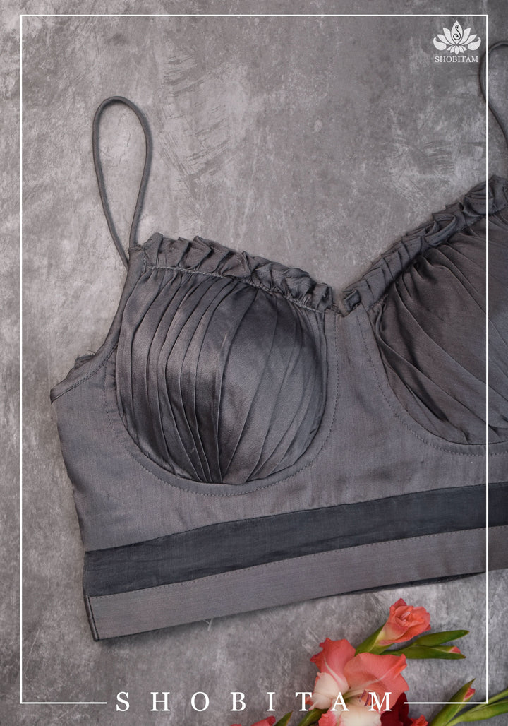 size 34 Silver-grey pure silk satin spaghetti-strap gathered bustier blouse | Shobitam Blouse