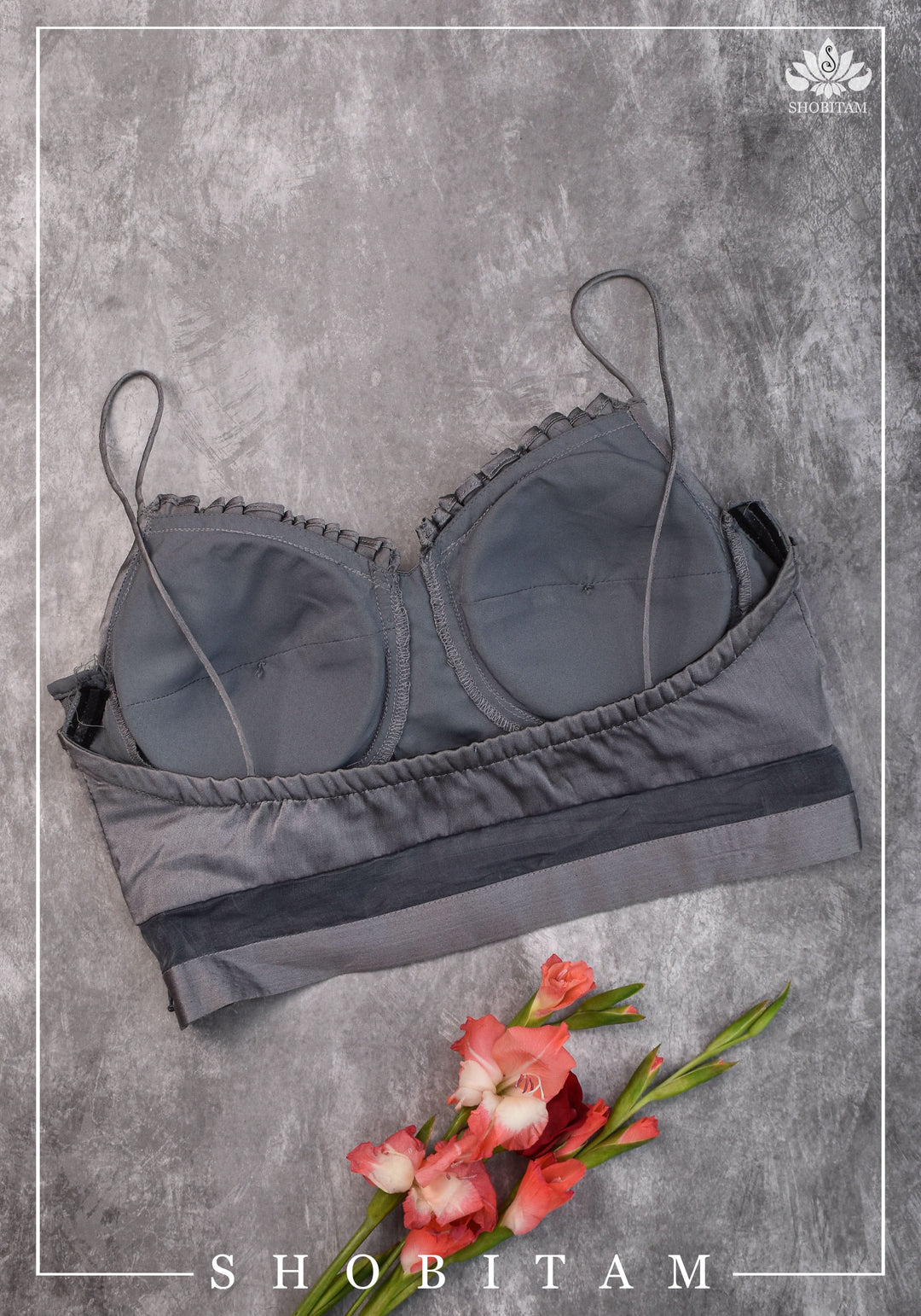 size 34 Silver-grey pure silk satin spaghetti-strap gathered bustier blouse | Shobitam Blouse