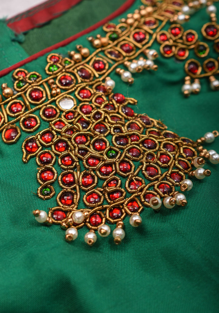 Custom Made:  Necklace Design Jadau Ornamental Sleeveless Blouse in SIlk | Shobitam Blouse
