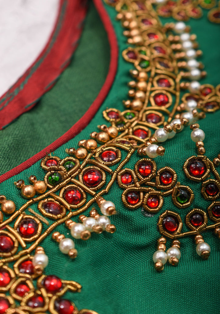 Custom Made:  Necklace Design Jadau Ornamental Sleeveless Blouse in SIlk | Shobitam Blouse
