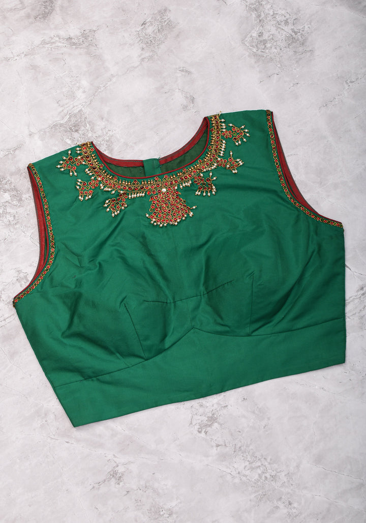 Custom Made:  Necklace Design Jadau Ornamental Sleeveless Blouse in SIlk | Shobitam Blouse