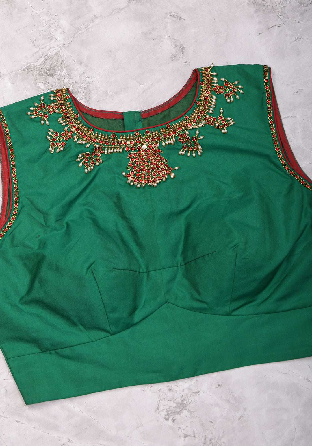 Custom Made:  Necklace Design Jadau Ornamental Sleeveless Blouse in SIlk | Shobitam Blouse